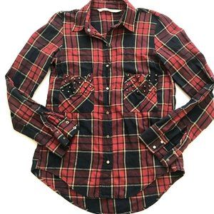 Zara Women's Top Red Size S Long Sleeve Plaid Blouse Studded Pockets